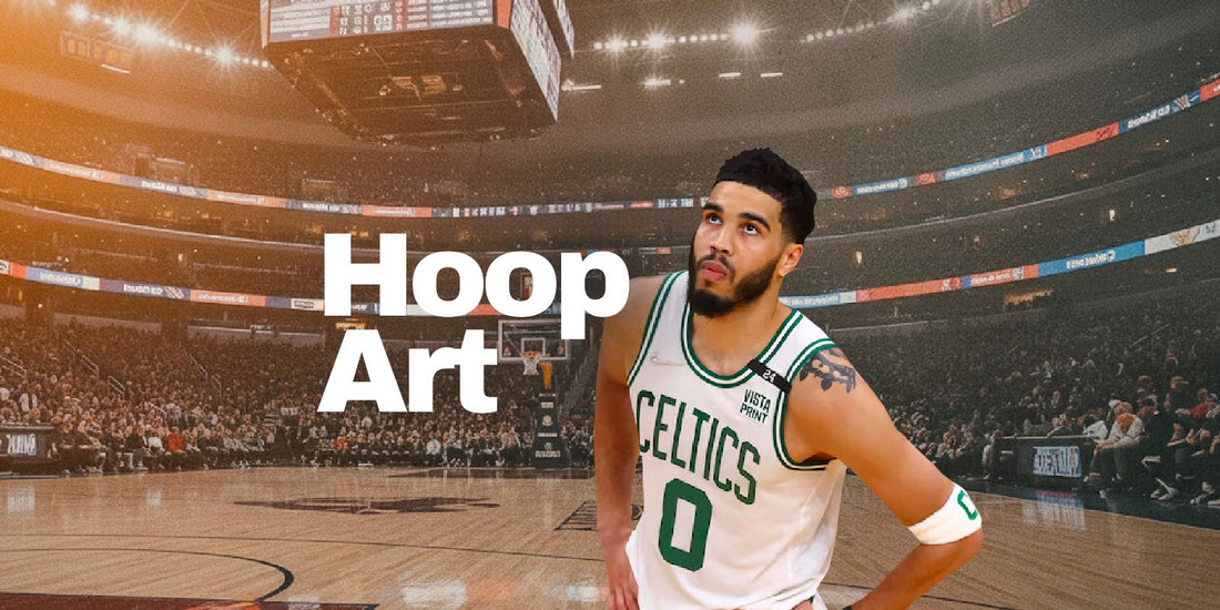 Article de blog Hoop Art : Jayson Tatum, son retour après une rupture du tendon d’Achille, illustration artistique NBA pour fans de basketball.