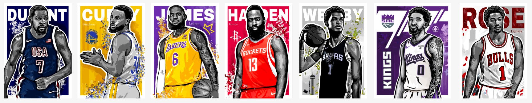 Carrousel présentant plusieurs posters NBA Hoop Art, avec différents joueurs et styles d’encadrement.