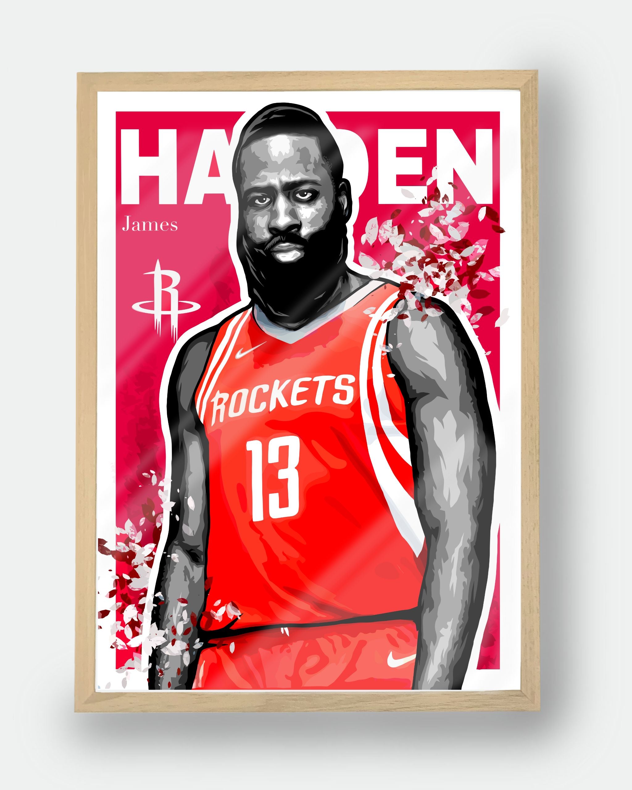 Affiche NBA James Harden — édition Hoop Art avec cadre en bois, décoration murale premium pour fans de basketball.