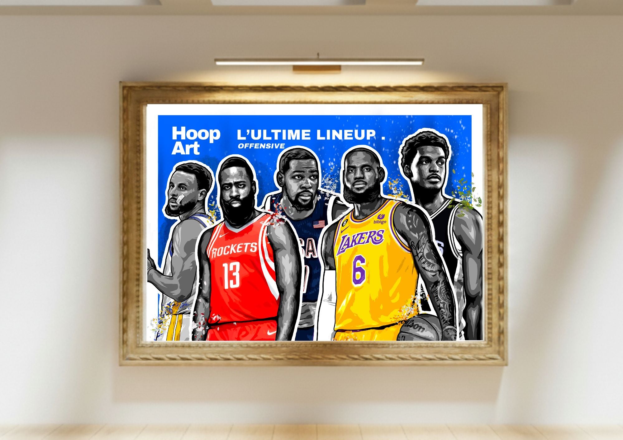 Poster NBA limité Hoopart — l’ultime lineup offensive, affiche de basketball exclusive et design moderne.