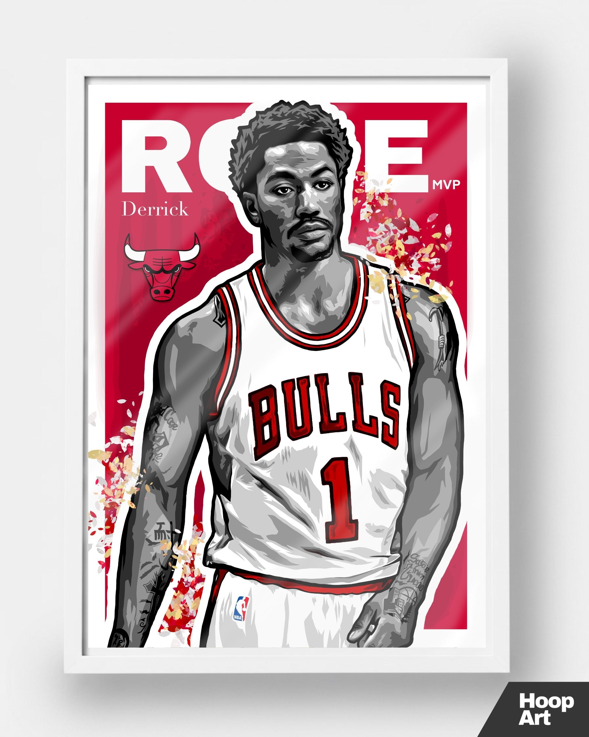 Poster NBA Hoop Art Derrick Rose, version cadre blanc minimaliste, décoration murale artistique et moderne.