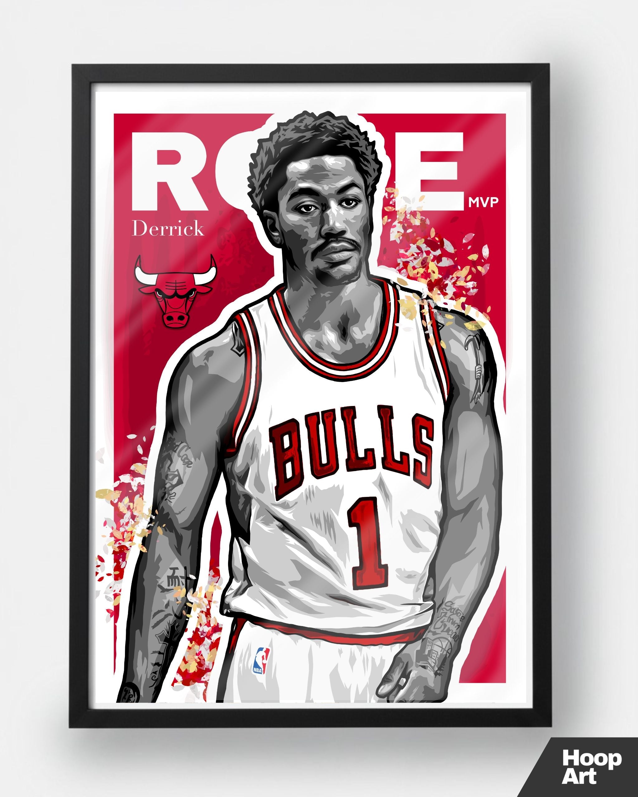 Poster NBA Derrick Rose encadré en noir, affiche Hoop Art au design contemporain et style galerie urbaine.