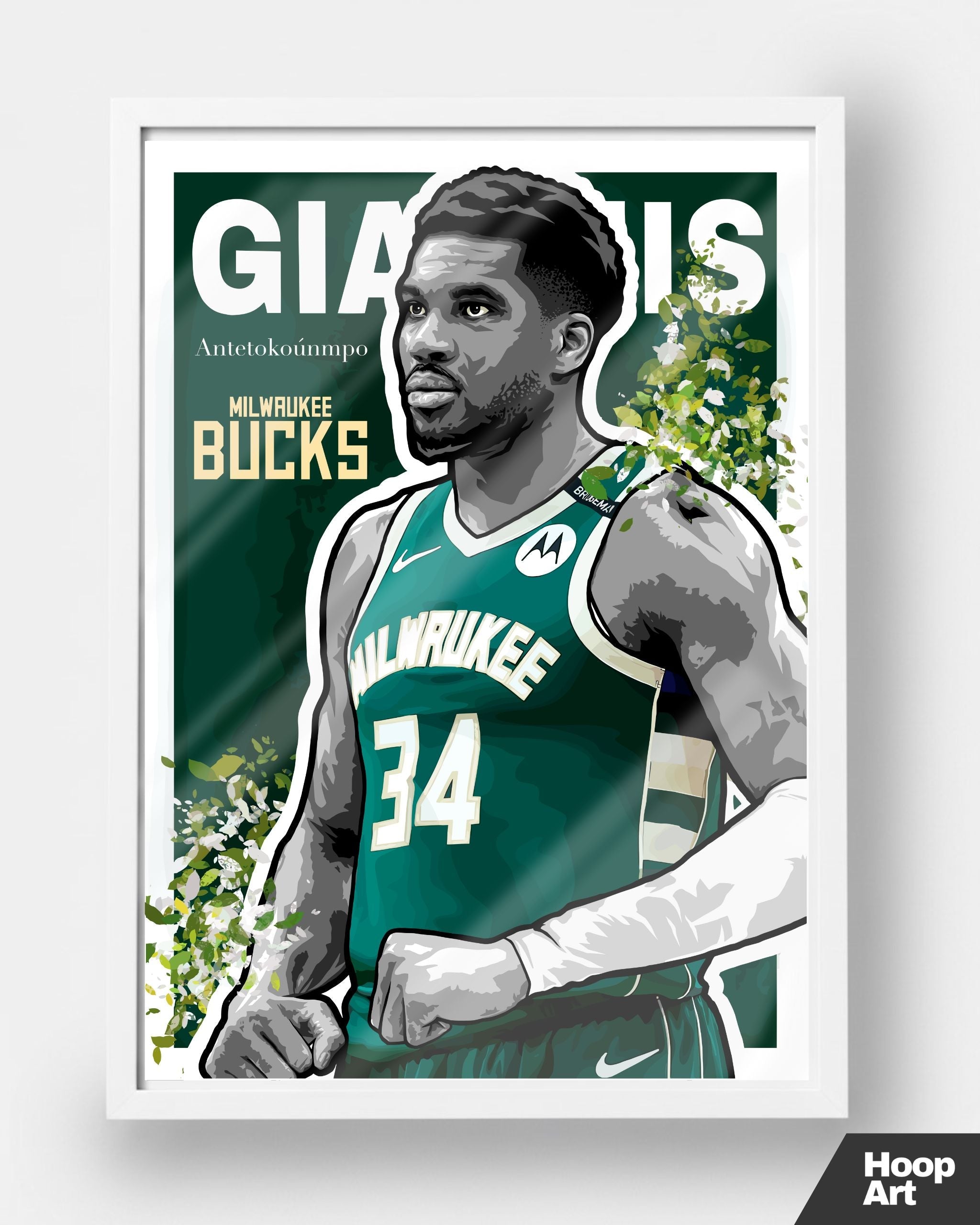 Poster NBA Hoop Art Giannis Antetokounmpo, version cadre blanc minimaliste, décoration murale artistique et moderne.