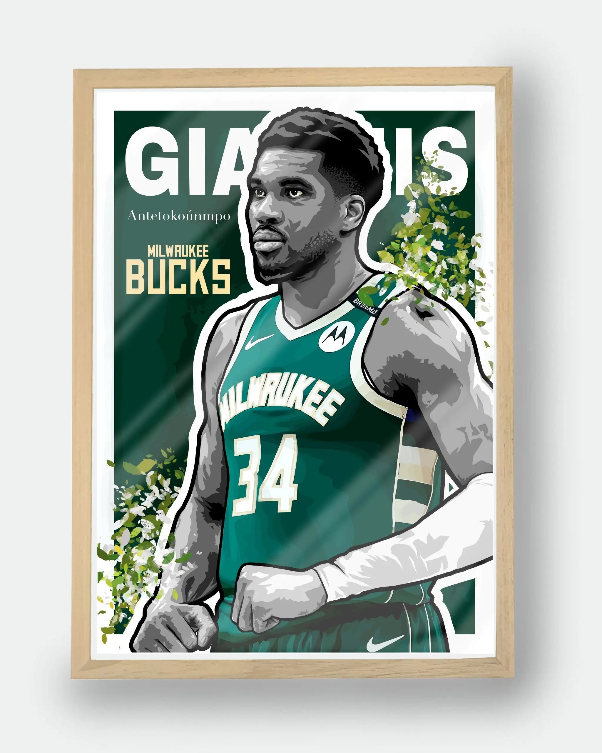 Poster NBA Giannis Antetokounmpo — édition Hoop Art avec cadre en bois, décoration murale premium inspirée du basketball moderne.