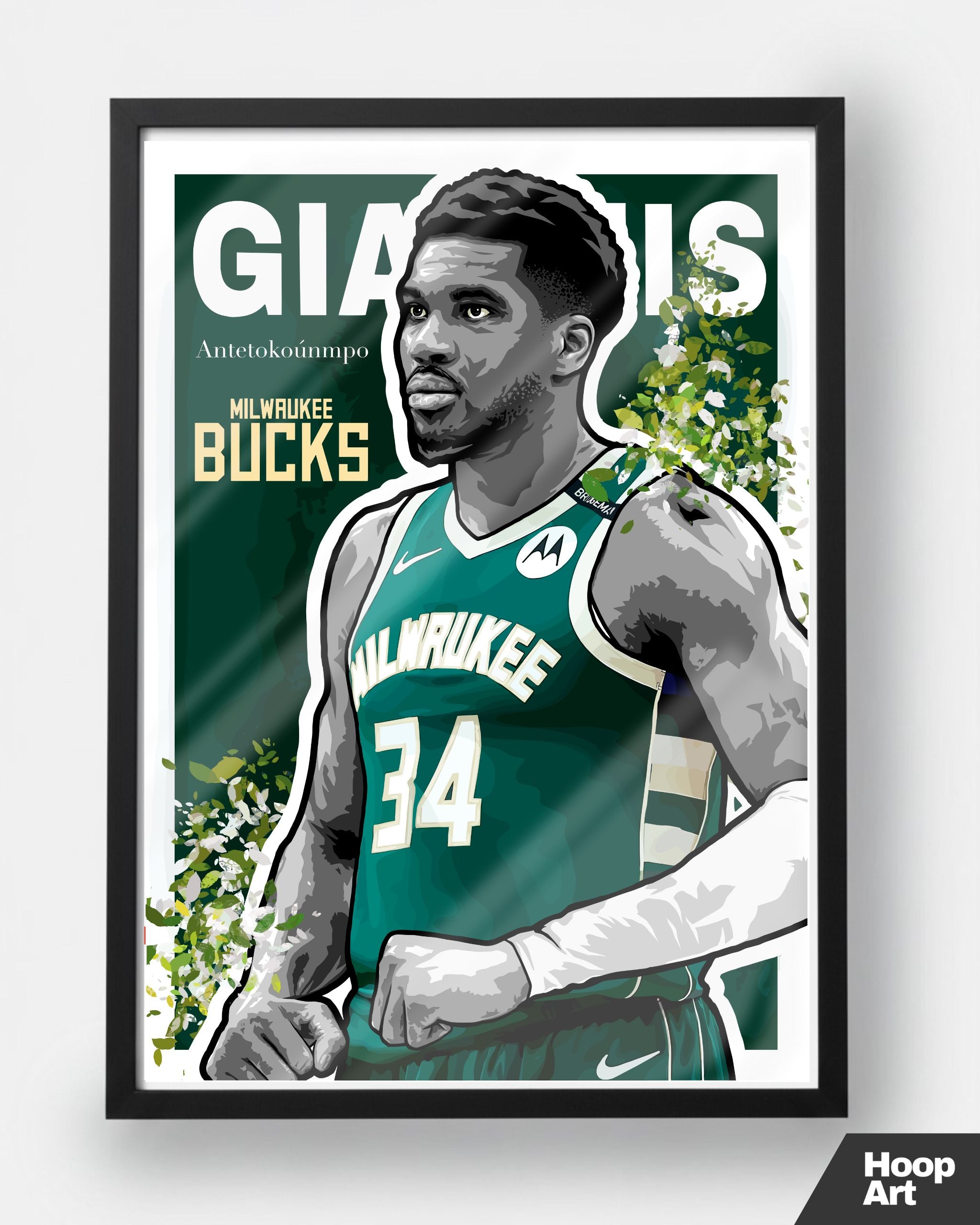 Poster NBA Giannis Antetokounmpo encadré en noir, affiche Hoop Art au design contemporain et style galerie urbaine.
