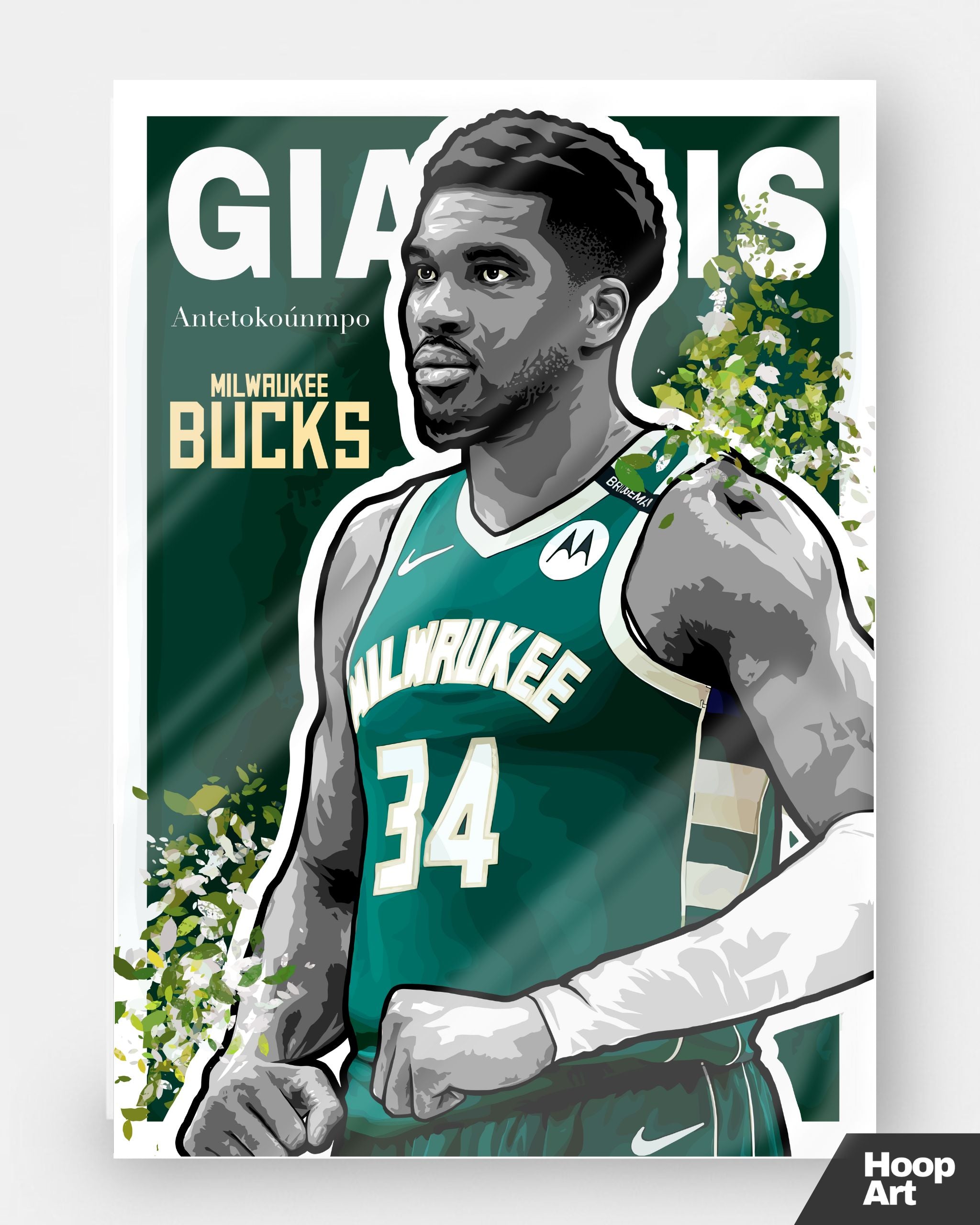 Poster NBA Hoop Art de Giannis Antetokounmpo, affiche de basketball artistique sans cadre, design moderne inspiré du street art.