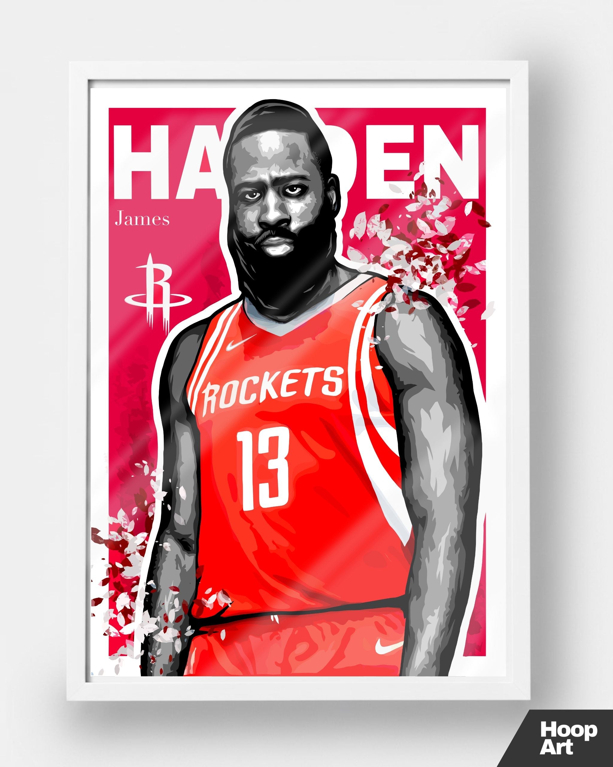 Poster NBA Hoop Art James Harden, version cadre blanc minimaliste, décoration murale de basketball contemporaine.