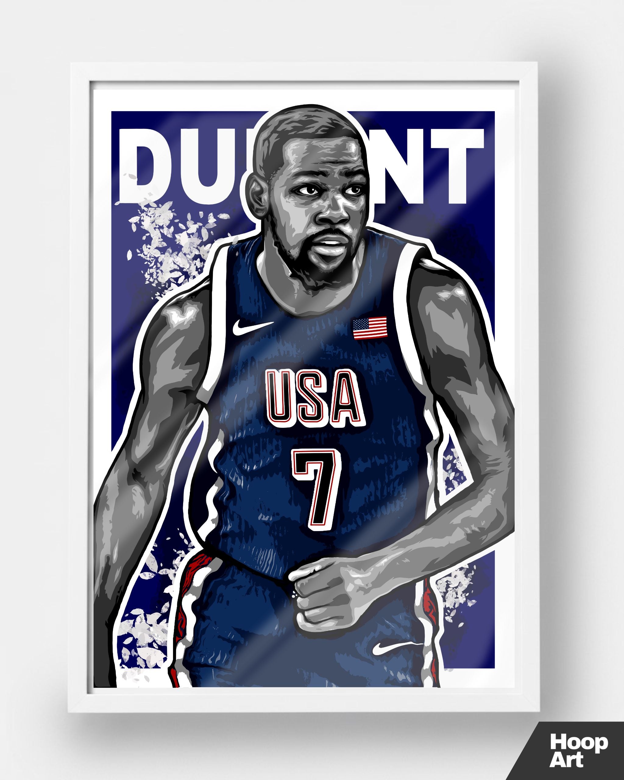 Poster NBA Hoop Art Kevin Durant, version cadre blanc minimaliste, décoration murale artistique et moderne.