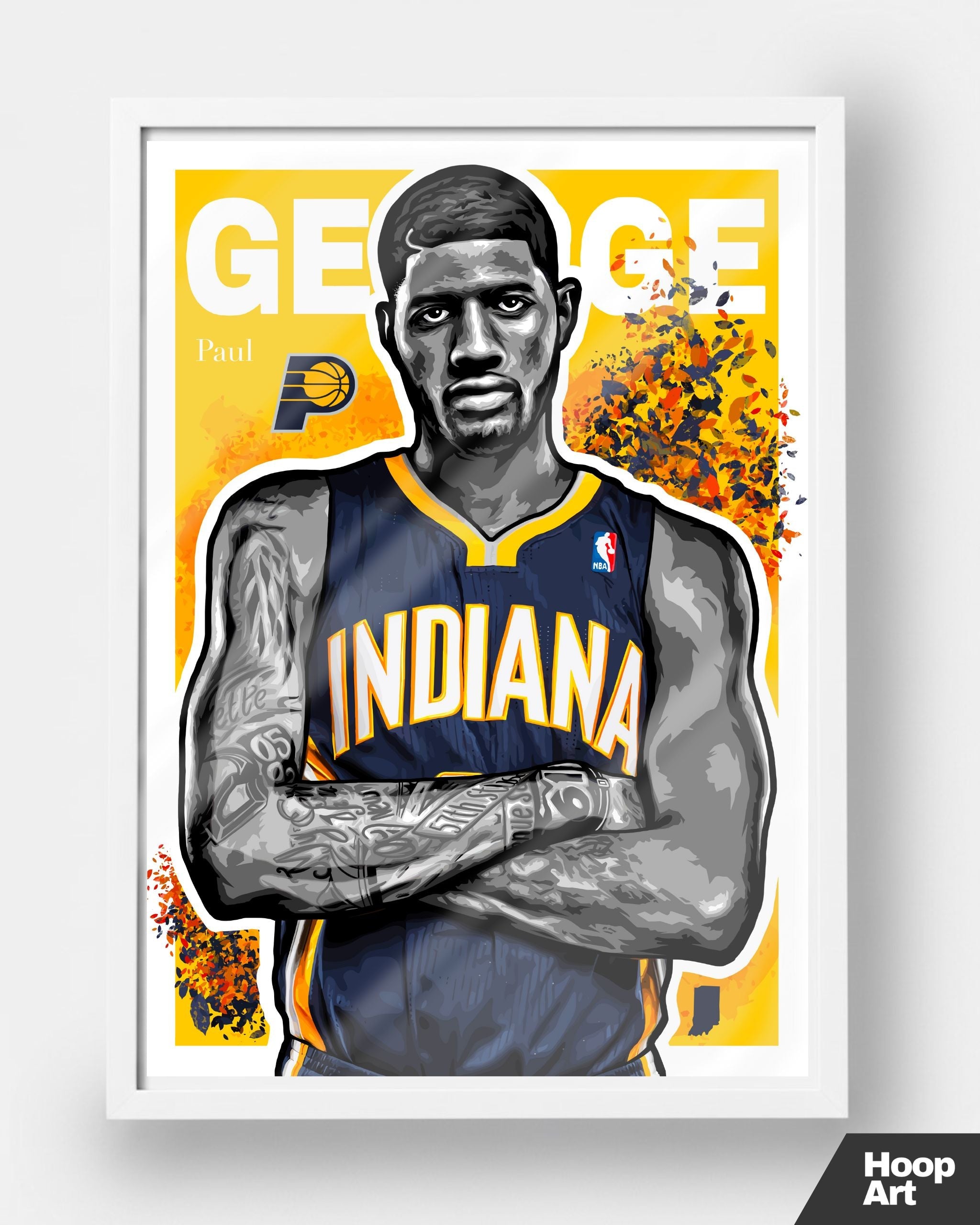 Poster NBA Hoop Art Paul George, version cadre blanc minimaliste, décoration sportive contemporaine.