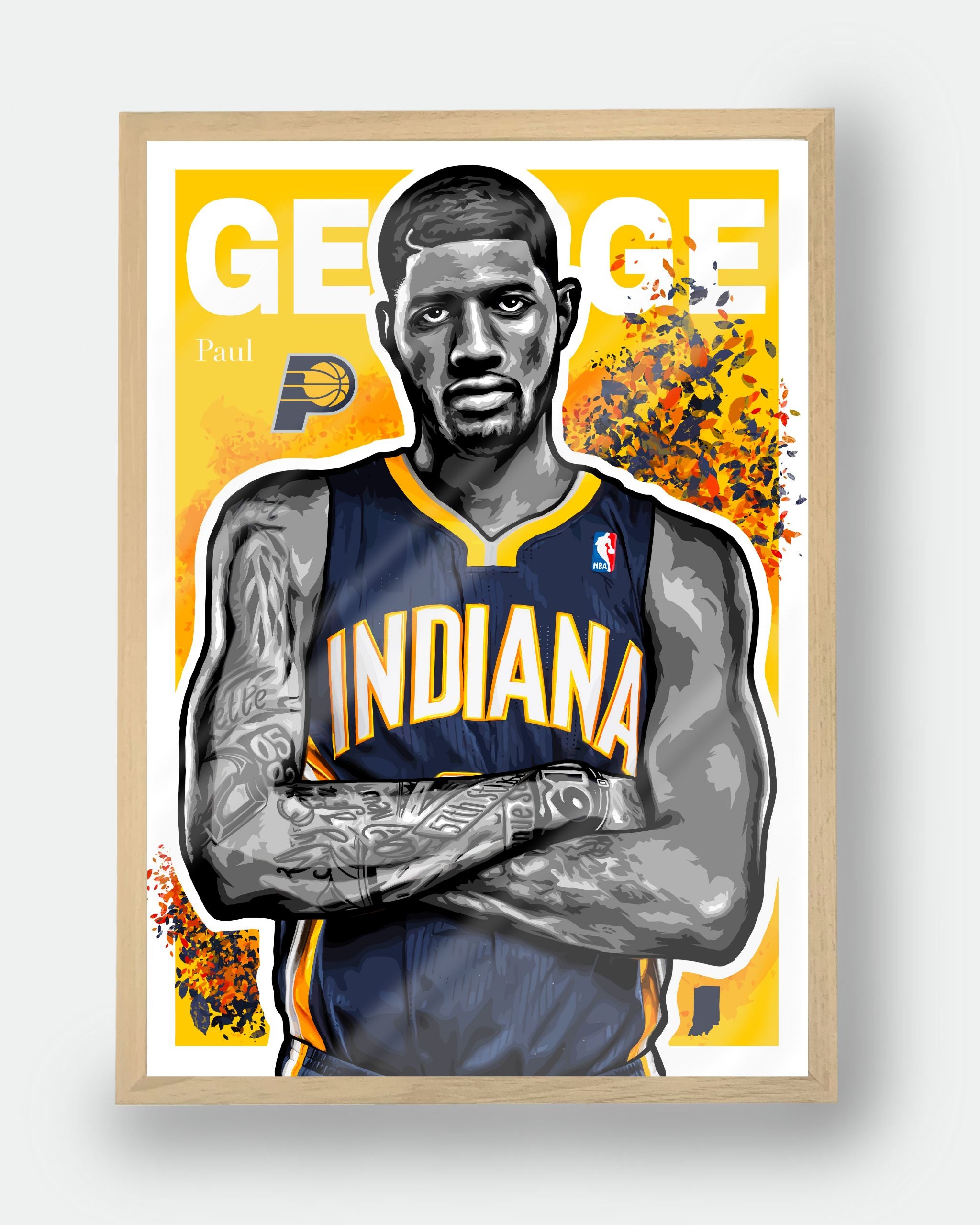 Poster NBA Paul George — édition Hoop Art avec cadre en bois, décoration murale de basketball premium.