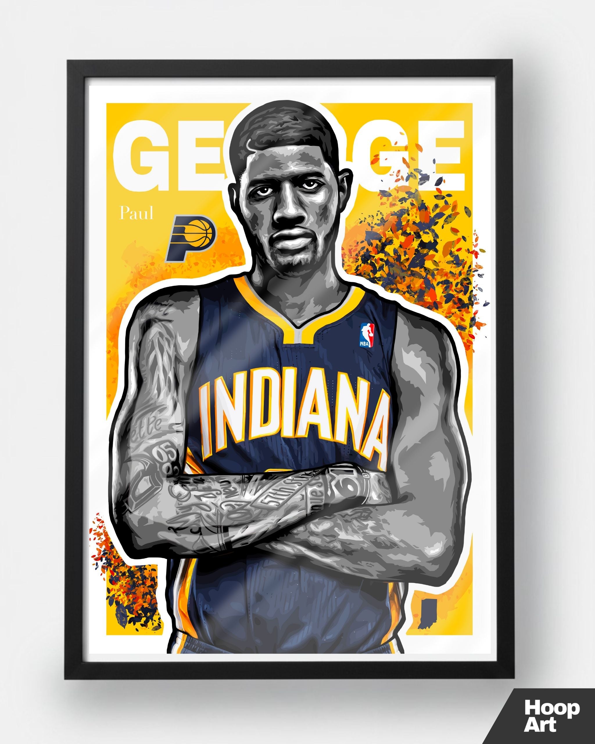 Poster NBA Paul George encadré en noir, affiche Hoop Art design moderne pour fans de basketball.