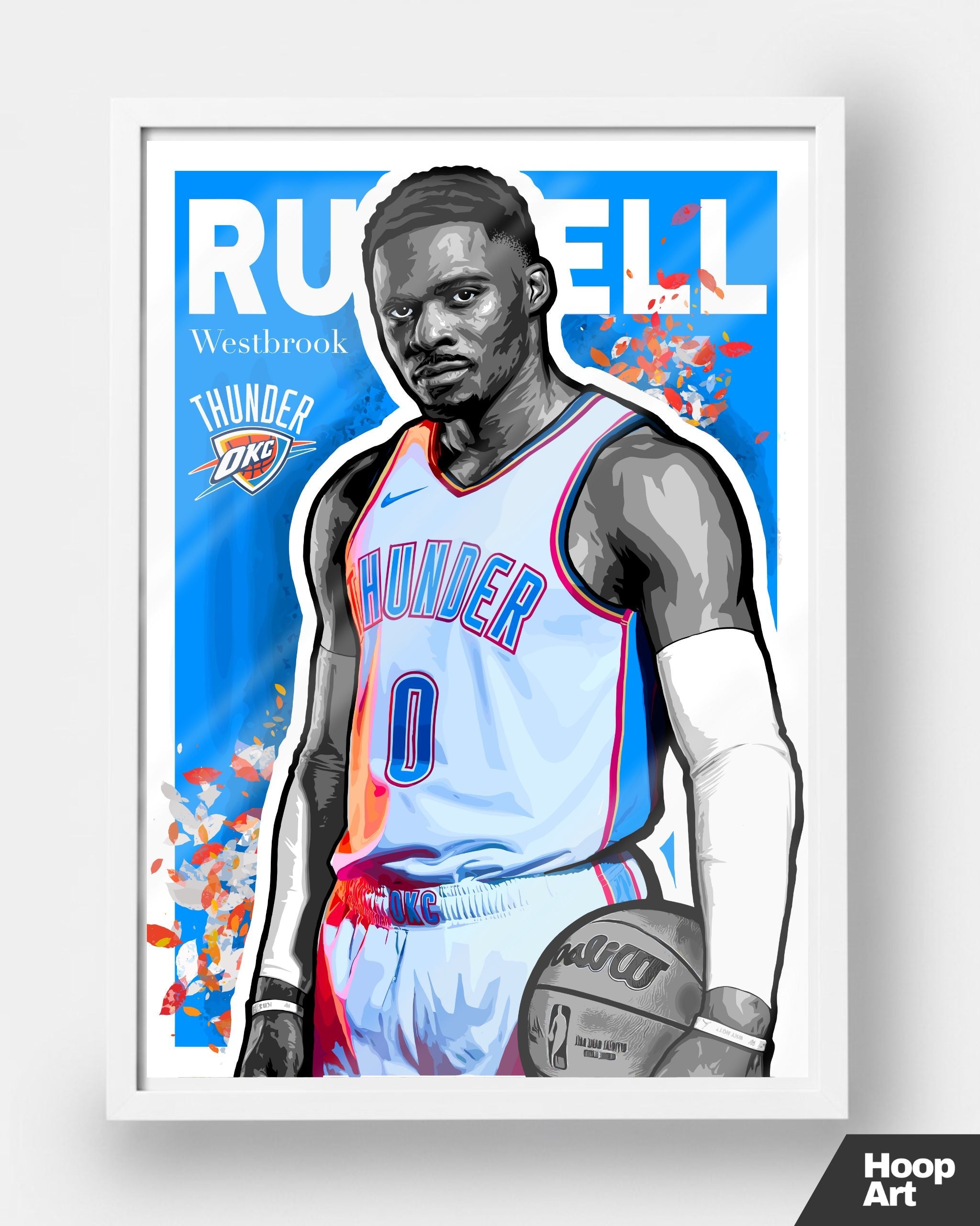 Poster NBA Hoop Art Russell Westbrook, version cadre blanc minimaliste, décoration murale artistique et moderne.