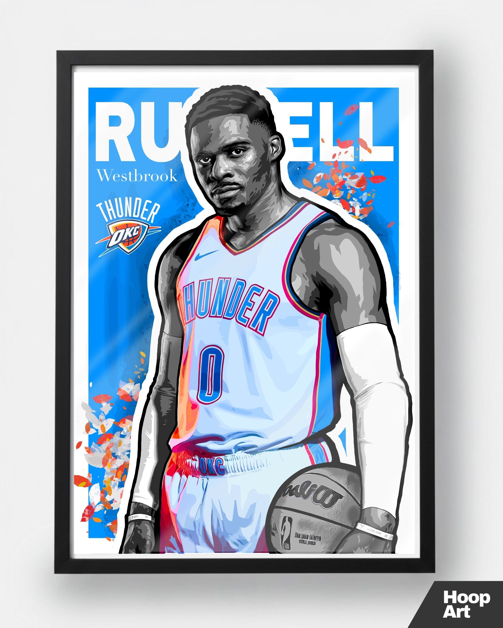 Poster NBA Russell Westbrook encadré en noir, affiche Hoop Art au design contemporain et style galerie urbaine.