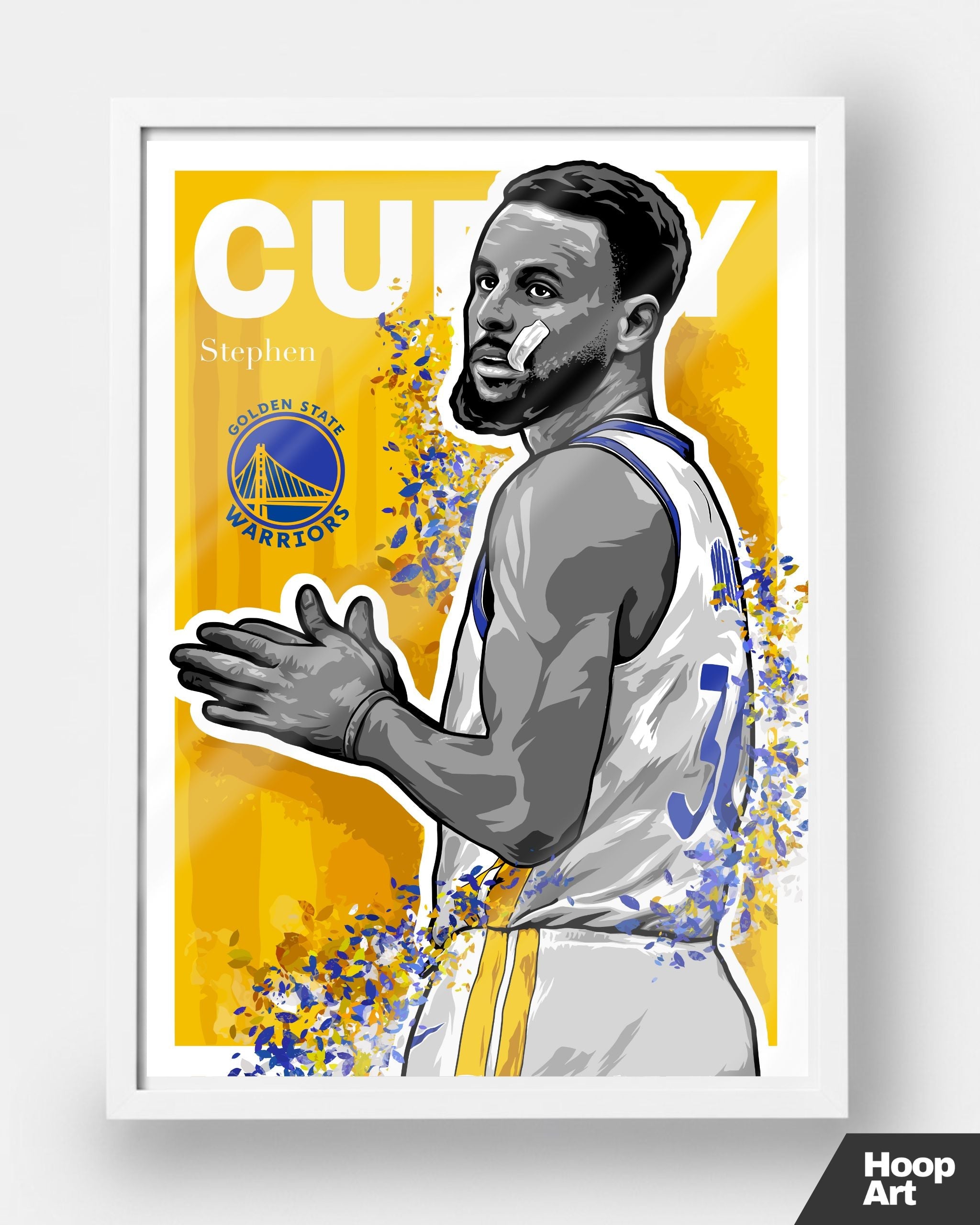 Poster NBA Hoop Art Stephen Curry, version cadre blanc minimaliste, décoration murale artistique et moderne.