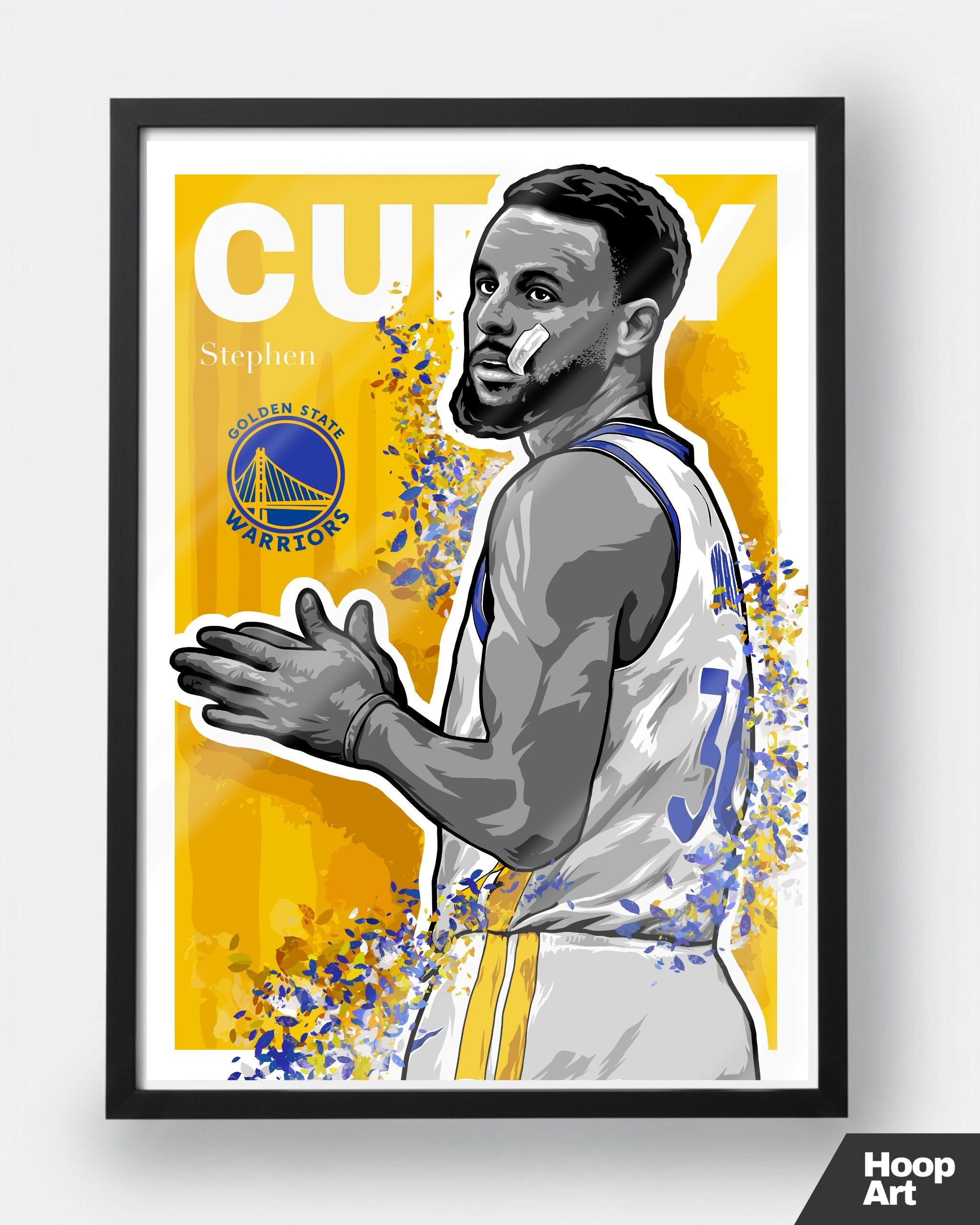 Poster NBA Stephen Curry encadré en noir, affiche Hoop Art au design contemporain et style galerie urbaine.