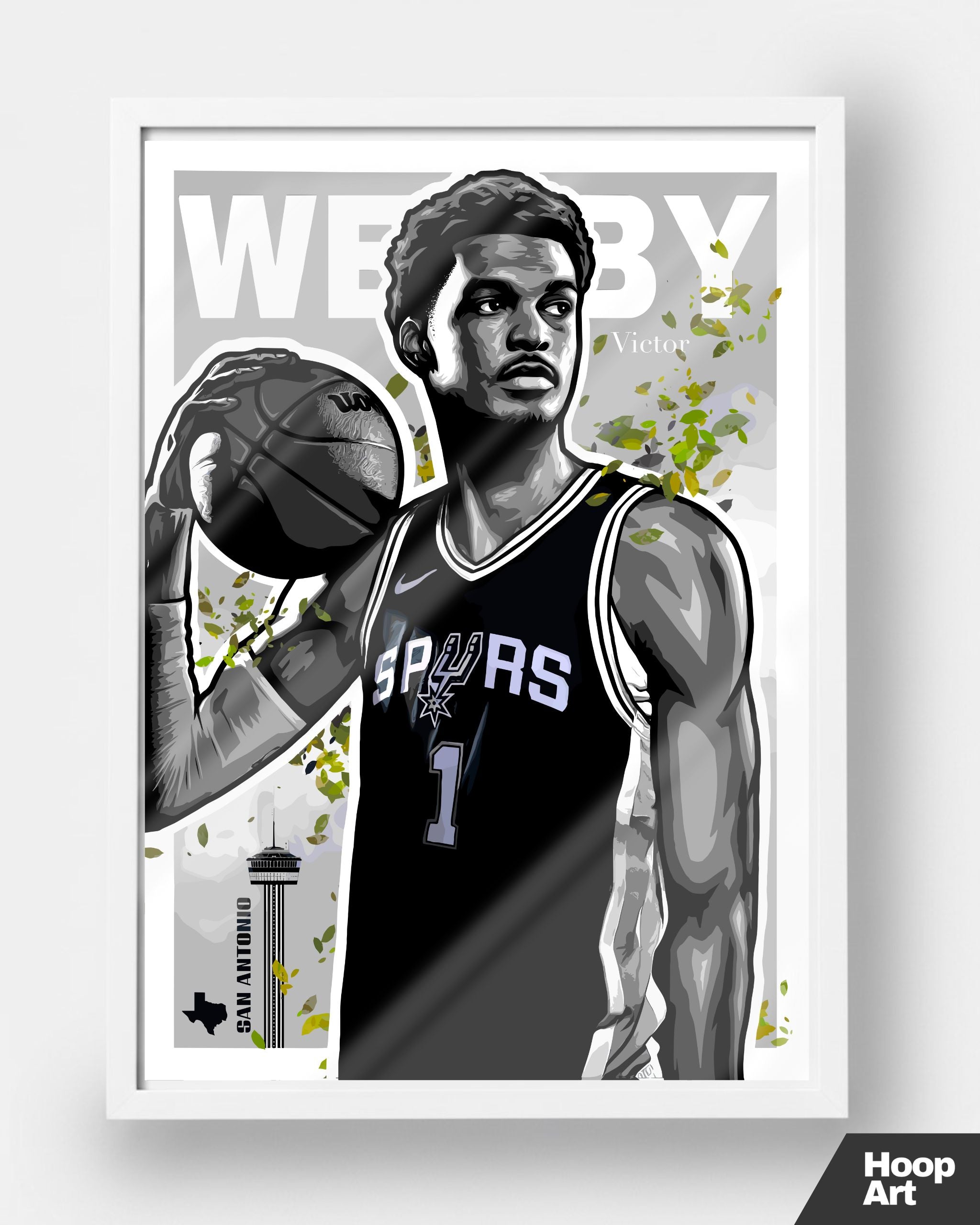 Poster NBA Hoop Art Victor Wembanyama, version cadre blanc minimaliste, décoration murale artistique et moderne.