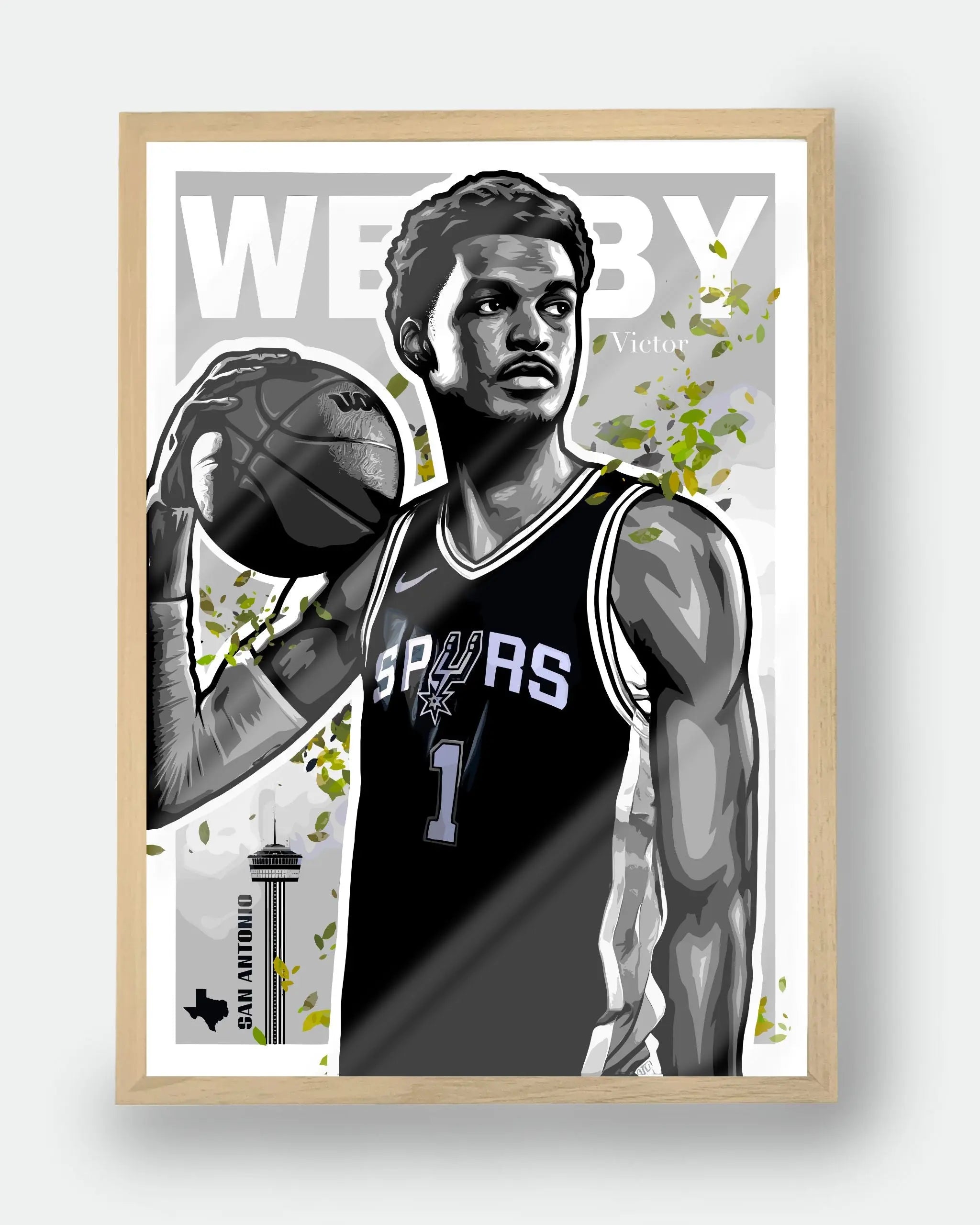 Poster NBA Victor Wembanyama — édition Hoop Art avec cadre en bois, décoration murale premium inspirée du basket moderne.