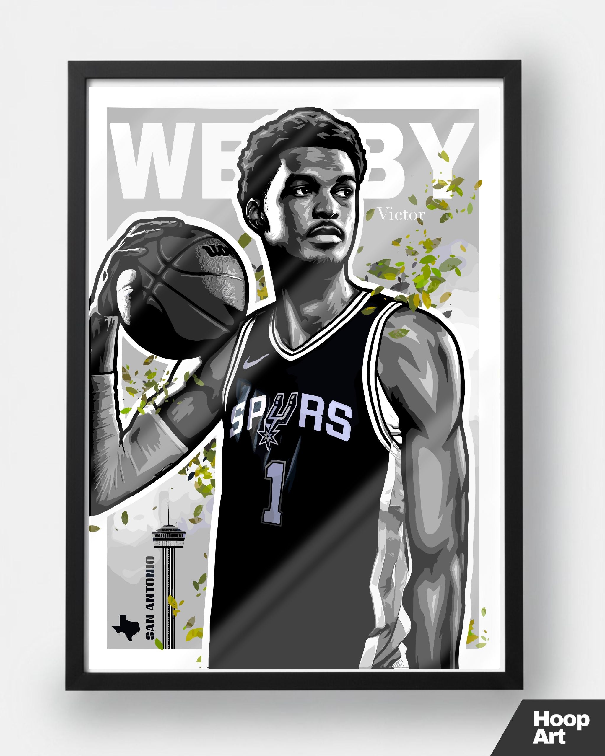 Poster NBA Victor Wembanyama encadré en noir, affiche Hoop Art au design contemporain et style galerie urbaine.